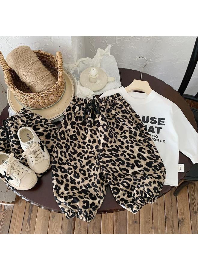 Men's And Women's Western Style Korean Casual Toe Pants Ice Silk Thin Outer Wear Fashion Joker Leopard Print Trendy Children's Pants