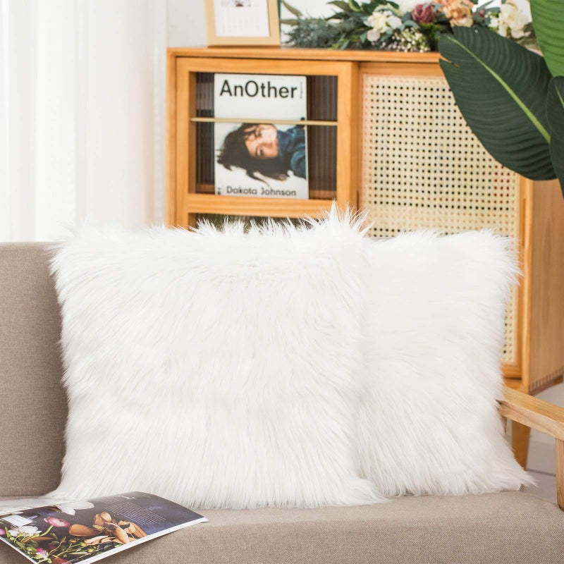 HYSEAS Set of 2 Decorative Faux Fur Throw Pillow Covers, White Fluffy Soft Fuzzy Square Cushion Cover Pillow Case for Sofa, Couch, Chair, Bed, Cafe, 18 x 18 Inches - Image 1
