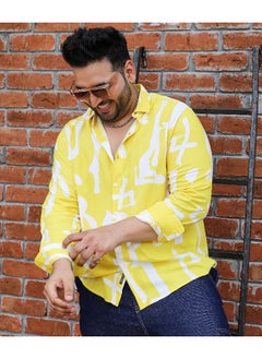 Instafab Plus Men's Lemon Yellow Abstract Print Shirt  - Image 5