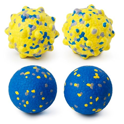 Moonorange Dog Tennis Balls for Aggressive Chewers Indestructible Durable Bouncy Interactive Toy for Dogs Fetch Game Lightweight Floating Outdoor Training2 Yellow Point 2 Blue Cirle Medium - Image 1