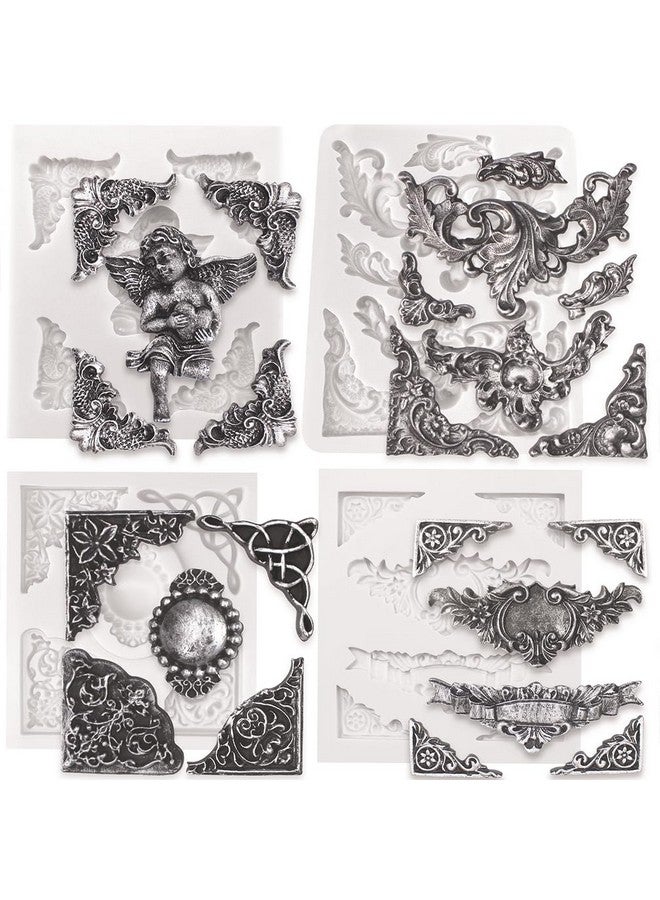 Funshowcase Angel Tag Frame Corner Scrollwork Fondant Silicone Mold for Cake Decoration, Polymer Clay Crafting Projects 4-Count - Image 1