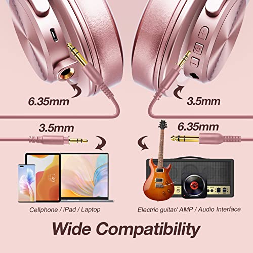 OneOdio A70 Bluetooth Over Ear Headphones, Wireless Headphones w/ 72H Playtime, Hi-Res, 3.5mm/6.35mm Wired Audio Jack for Studio Monitor & Mixing DJ Guitar AMP, Computer Laptop PC Tablet - Rose Gold - Image 4