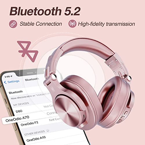 OneOdio A70 Bluetooth Over Ear Headphones, Wireless Headphones w/ 72H Playtime, Hi-Res, 3.5mm/6.35mm Wired Audio Jack for Studio Monitor & Mixing DJ Guitar AMP, Computer Laptop PC Tablet - Rose Gold - Image 3