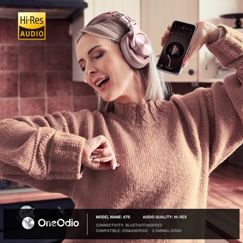 OneOdio A70 Bluetooth Over Ear Headphones, Wireless Headphones w/ 72H Playtime, Hi-Res, 3.5mm/6.35mm Wired Audio Jack for Studio Monitor & Mixing DJ Guitar AMP, Computer Laptop PC Tablet - Rose Gold - Image 2