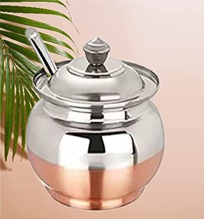 Amfs Store Traditional Copper Coated Base Stainless Steel Ghee Pot with Spoon, Copper Base Oil Jar, Oil Pot, Ghee Storage jar with spoon (100ml Pack of 1) G P 1 2 - Image 4