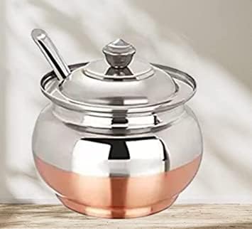 Amfs Store Traditional Copper Coated Base Stainless Steel Ghee Pot with Spoon, Copper Base Oil Jar, Oil Pot, Ghee Storage jar with spoon (100ml Pack of 1) G P 1 2 - Image 3