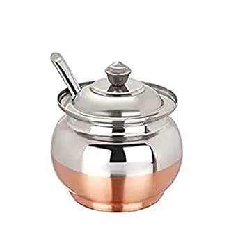 Amfs Store Traditional Copper Coated Base Stainless Steel Ghee Pot with Spoon, Copper Base Oil Jar, Oil Pot, Ghee Storage jar with spoon (100ml Pack of 1) G P 1 2 - Image 5