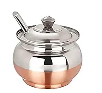 Amfs Store Traditional Copper Coated Base Stainless Steel Ghee Pot with Spoon, Copper Base Oil Jar, Oil Pot, Ghee Storage jar with spoon (100ml Pack of 1) G P 1 2 - Image 1