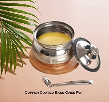 Amfs Store Traditional Copper Coated Base Stainless Steel Ghee Pot with Spoon, Copper Base Oil Jar, Oil Pot, Ghee Storage jar with spoon (100ml Pack of 1) G P 1 2 - Image 2