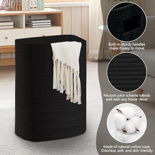 MEGASKET Large Laundry Hamper 16"x13"x22" - Tall Woven Laundry Basket, Cotton Rope Dirty Clothes Hamper, Baby Kids Nursery Wicker Laundry Basket, Bedroom Aesthetic, Soft Laundry Bin, Black Hamper, 75L - Image 2