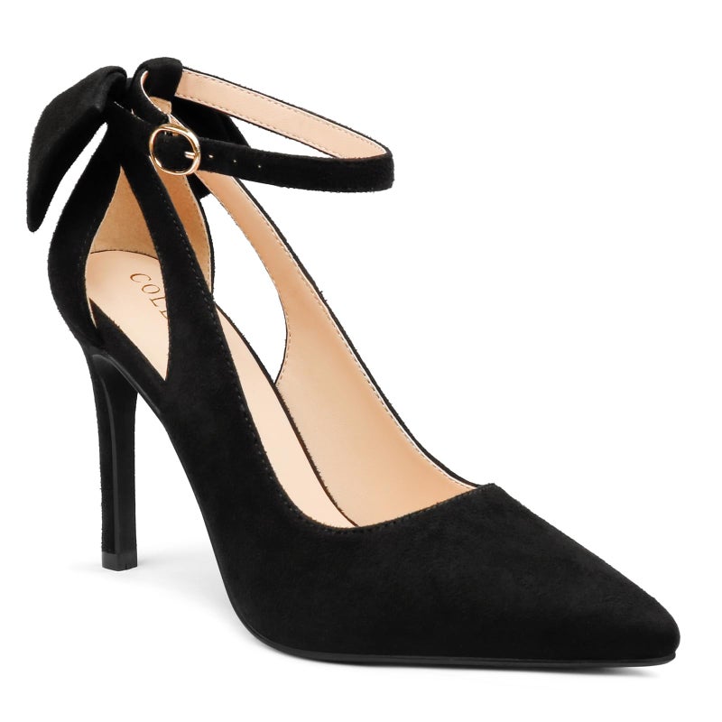 COLETER Womens Bow Knot High Heels Pointed Toe Stiletto Ankle Strap D'Orsay Pumps Bow Evening Dress Shoes Suede Black 6.5US - Image 4