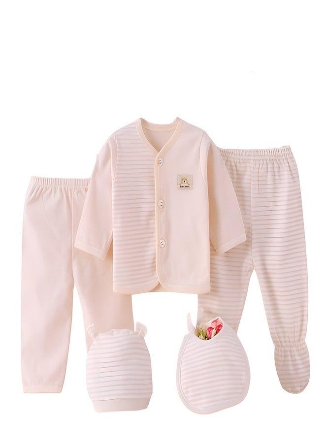 SYGA Newborn Baby Clothes Set - 5-Piece Cotton Outfit for Baby Boys & Baby Girls with Bib, Cap, 2 Pajamas, and Warm Top, Striped Pattern, Soft & Cozy, Suitable for 6-12 Months (Light Yellow)