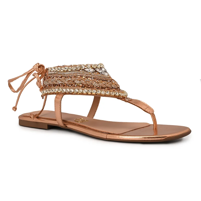 Flat Sandal Rose Gold with Handcrafted Beaded Embroidery