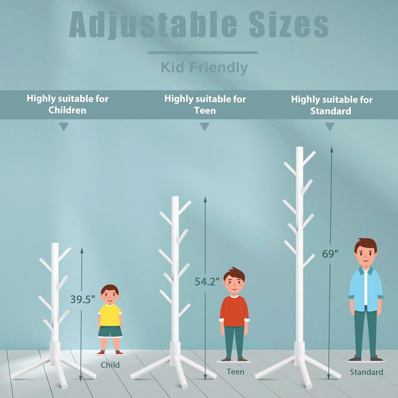Haddockway Wooden Coat Rack Stand with 8 Hooks New Zealand Pine 3 Adjustable Coat Standing Tree Easy Assembly for Coats, Hats, Scarves and Handbags for Entryway, Hallway, Bedroom, Office, white - Image 4