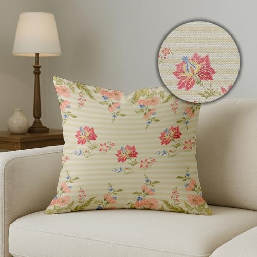 BRICK HOME Set of 5 Polycotton Printed Cushion Covers 24x24 Inches | Pastel Floral Pattern on Beige Stripes | Soft Fabric Decorative Pillow Covers for Sofa, Couch & Living Room - Image 3