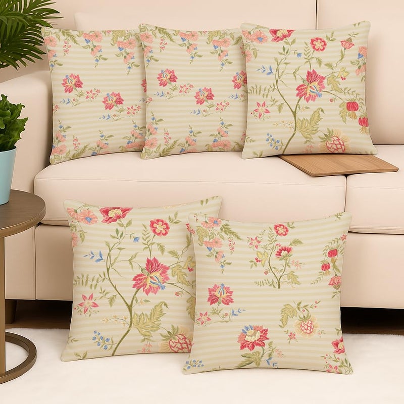 BRICK HOME Set of 5 Polycotton Printed Cushion Covers 24x24 Inches | Pastel Floral Pattern on Beige Stripes | Soft Fabric Decorative Pillow Covers for Sofa, Couch & Living Room - Image 1