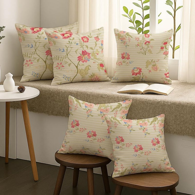 BRICK HOME Set of 5 Polycotton Printed Cushion Covers 24x24 Inches | Pastel Floral Pattern on Beige Stripes | Soft Fabric Decorative Pillow Covers for Sofa, Couch & Living Room - Image 2