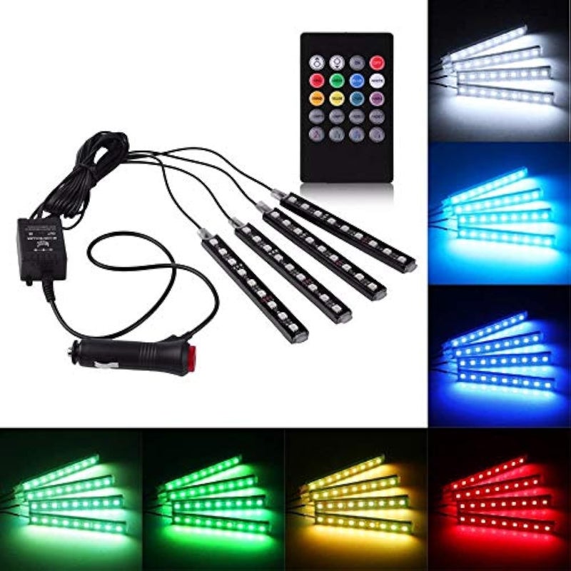 4X 9 LED RGB Car Interior Decorative Light Floor Atmosphere Strip Light Car Under Dash Interior LED Lighting Kit with Sounds Activated Wireless IR Remote Control (6W, Multicolor)