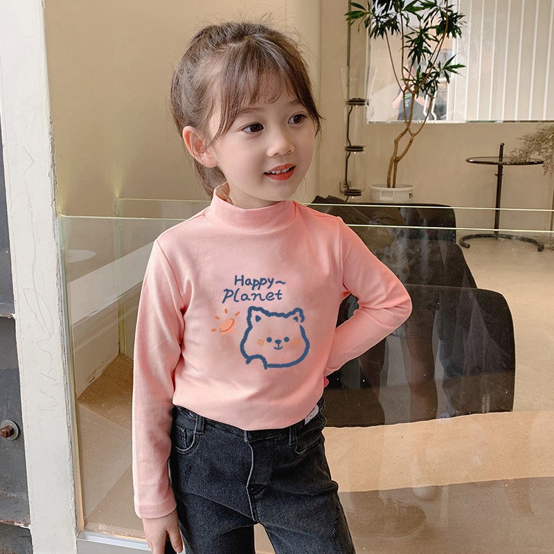 Children'S Semi-High Collar Base Shirt Fleece-Lined Warm Long-Sleeved T-Shirt Men'S And Women'S Big Children'S Fleece Autumn Clothes Inner Top - Image 1