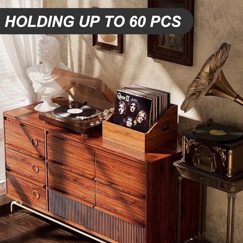 Vecxoty Wood Vinyl Record Storage Retro Durable Vinyl Crate and Record Holder Album Storage Record Case Box for 60 Records Perfect Record Organizer for Home Decor and Collection DisplayBrown - Image 3