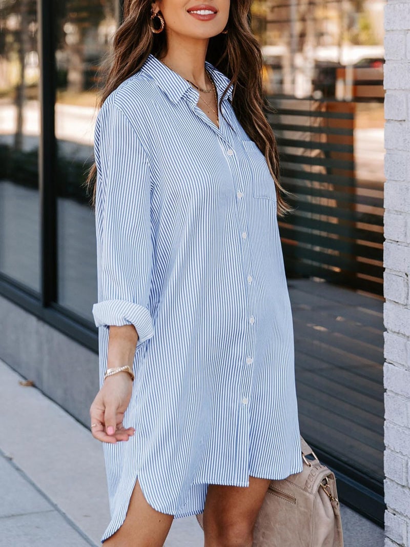 Aoudery Womens Button Down Shirt Dresses with Pockets Striped Cotton Shirts Collared Long Sleeve High Low Blouse Tops-Light Blue S - Image 2