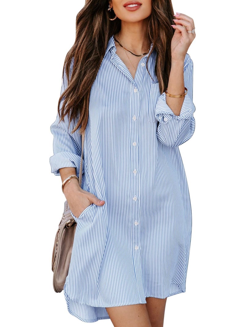 Aoudery Womens Button Down Shirt Dresses with Pockets Striped Cotton Shirts Collared Long Sleeve High Low Blouse Tops-Light Blue S - Image 1