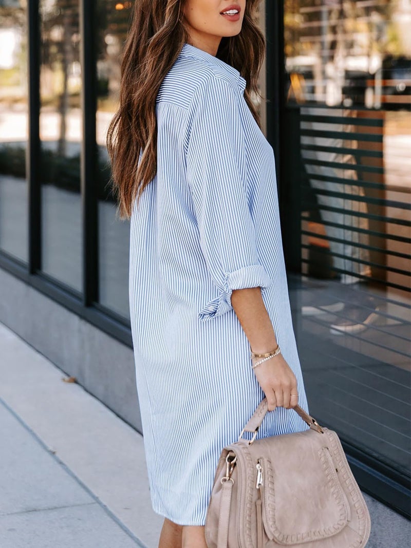 Aoudery Womens Button Down Shirt Dresses with Pockets Striped Cotton Shirts Collared Long Sleeve High Low Blouse Tops-Light Blue S - Image 3