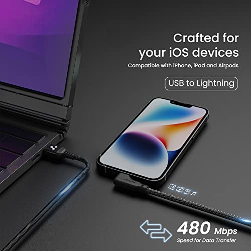 Ambrane Lightning Cable, 12W Fast Charging, L Shape for Easy Holding, Fishnet Nylon Braided, 480 Mbps Data Sync Cable for iPhone, iPad, Macbook, iMac, AirPods, 1m (ABLLS-10, Black) - Image 3