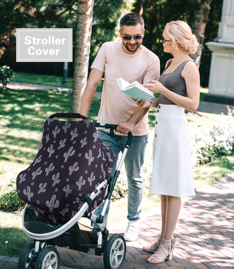 Metplus Baby Car Seat Cover, Infant Carseat Canopy, Nursing Breastfeeding Cover, Stretchy Carrier Covers for Stroller/Shopping Cart, Newborn Registry & Shower Gift for Boys Girls - Black Cactus - Image 3