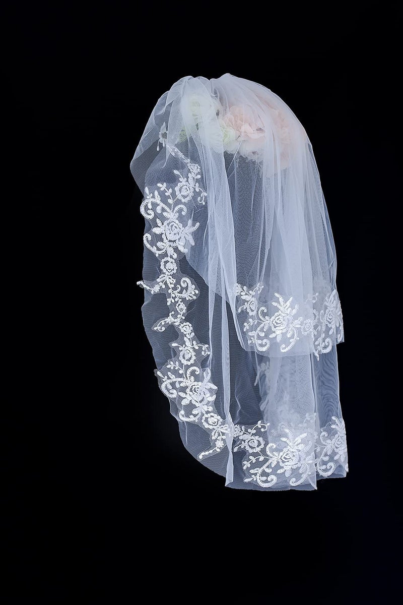 Bmirth Bride Wedding Veils 2 Tier Fingertip Length Bridal Veil Lace Veils with Flower Lace Edge and Comb (A-white) (White veil) - Image 5