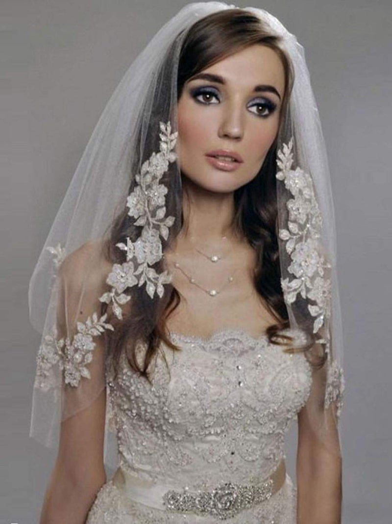 Bmirth Bride Wedding Veils 2 Tier Fingertip Length Bridal Veil Lace Veils with Flower Lace Edge and Comb (A-white) (White veil) - Image 1
