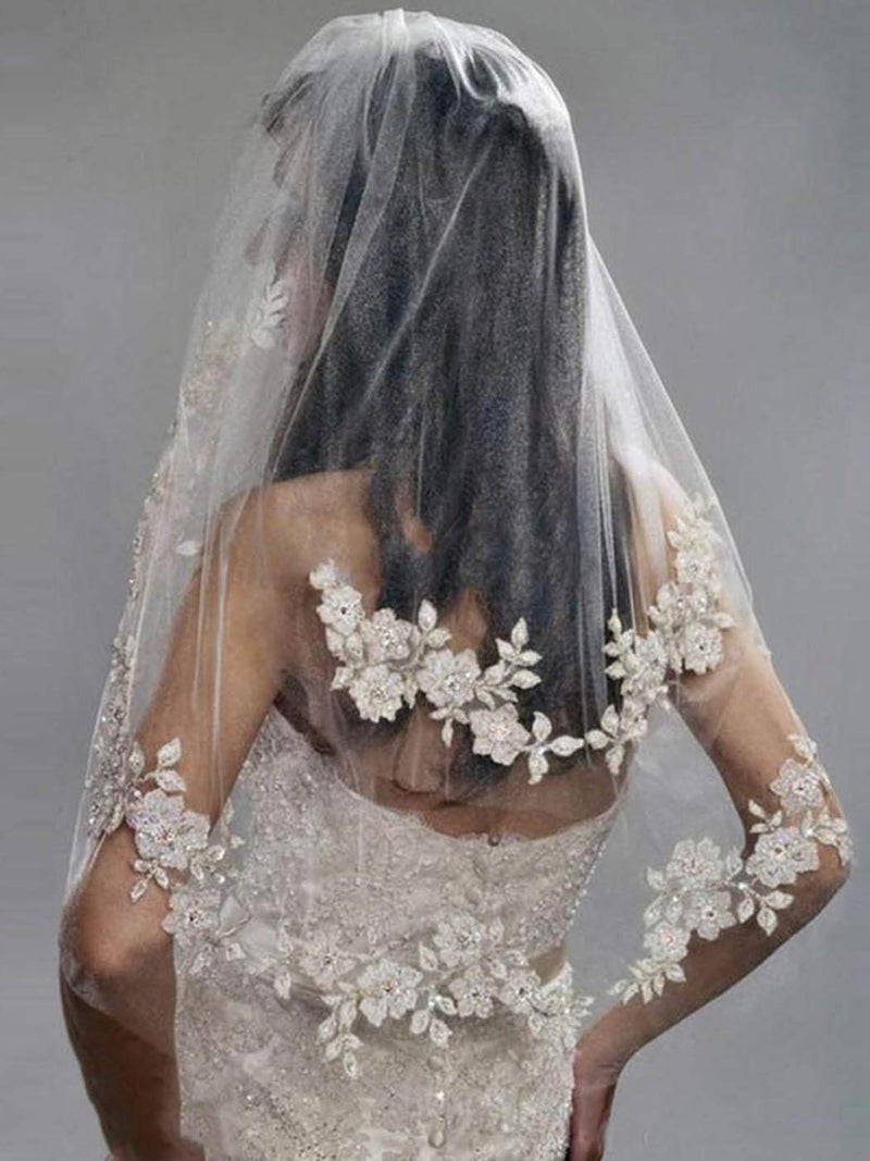 Bmirth Bride Wedding Veils 2 Tier Fingertip Length Bridal Veil Lace Veils with Flower Lace Edge and Comb (A-white) (White veil) - Image 2