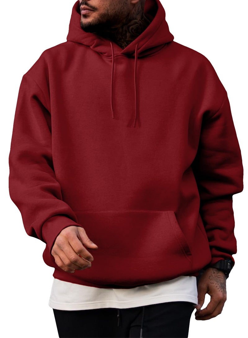 JMIERR Fall Sweatshirts for Mens Comfy Simple Plain Drawstring Hoodies Collar Fleece Long Sleeve with Pockets Hooded Pullovers Casual Loose Fit Shirts Cotton Sweater Fiery Red - Image 1