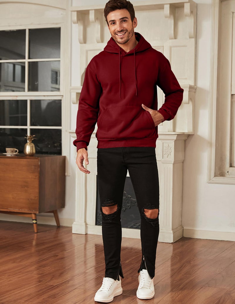 JMIERR Fall Sweatshirts for Mens Comfy Simple Plain Drawstring Hoodies Collar Fleece Long Sleeve with Pockets Hooded Pullovers Casual Loose Fit Shirts Cotton Sweater Fiery Red - Image 3