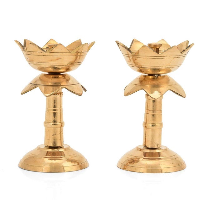 SET OF 2 PURE BRASS DIYA FOR PUJA TEMAPLE DECORATION LOTUS SHAPE PILLAR STAND OIL LAMP HOME MANDIR POOJA ARTICLES DECOR GIFTS DIYA KUBER DEEPAM DEEPAK HEIGHT 45 INCH