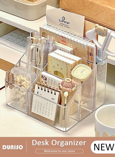Acrylic Desk Organizer, 5 Compartments  Pencil Organizer, Multiple Functional Pen Holder, Desktop Stationery and  Accessories Organizer Caddy for Office School Home & Art Supplies