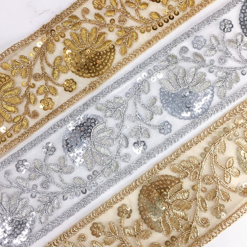 Lami لأمي شريط دانتيل فضي بطول 9 متر مع لامع فضي على قماش الشبك، شريط دانتيل هندي فاخر، زينة منزلية زهور، زينة حفلات، تغليف مهرجانات، إكسسوارات موضة - Image 4