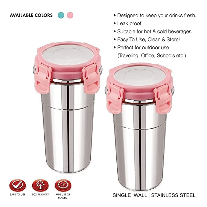 KIDINGTON Stainless Steel Tumbler for Traveling Tiffin for Coffee Tea Beer Milk Lassi Butter Milk Glass Tumbler with Airtight Cap Set 2 600 ML - Image 2