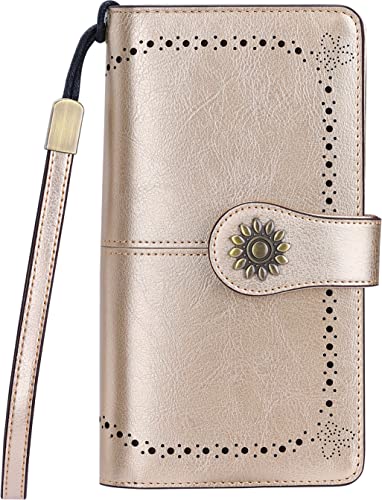 Lavemi Womens Large Capacity Genuine Leather RFID Blocking Wallets Wristlet Clutch Card Holder(Champagne Gold) - Image 1