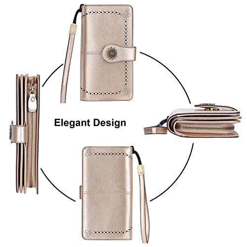 Lavemi Womens Large Capacity Genuine Leather RFID Blocking Wallets Wristlet Clutch Card Holder(Champagne Gold) - Image 4