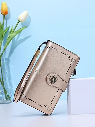 Lavemi Womens Large Capacity Genuine Leather RFID Blocking Wallets Wristlet Clutch Card Holder(Champagne Gold) - Image 3