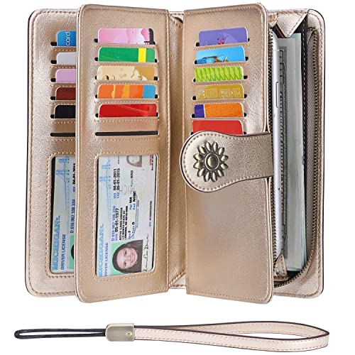 Lavemi Womens Large Capacity Genuine Leather RFID Blocking Wallets Wristlet Clutch Card Holder(Champagne Gold) - Image 2