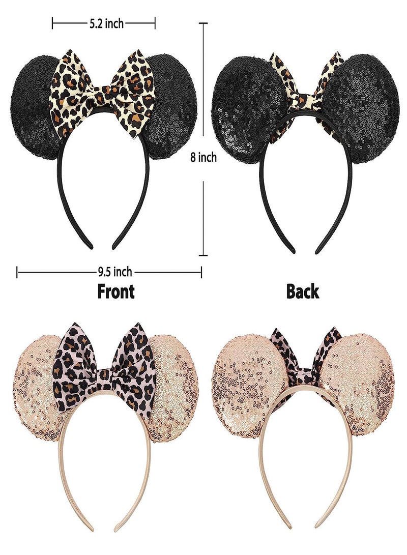 KASTWAVE Mouse Ears Headbands 2Pcs Leopard Cheetah Mouse Ears Glitter Leopard Print Headbands for Women Girls Sequin Animal Ears Bow Headband for Cosplay Costume Amusement Park Hair Accessories - Image 5