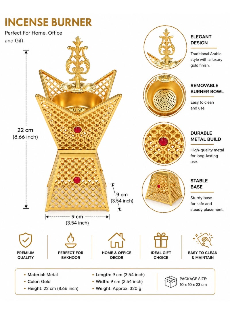 Luxury Gold Metal Incense Holder With Traditional Arabic Design, Removable Bakhoor Bowl, Elegant Home Décor For Majlis, Living Room, Office & Gift - Image 3