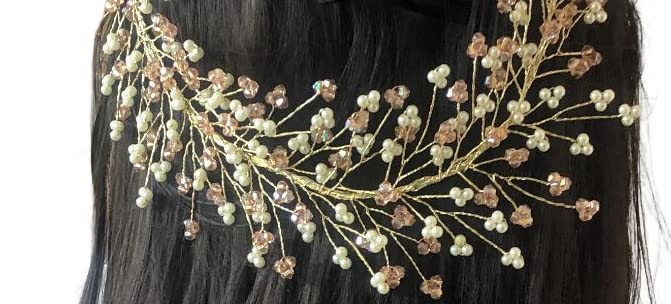 Samyak Women Crystal Pearl Hair Vine Tiara Headband Headdress Hair Jewellery/Hair Pin/Bun Clip For Bridal Wedding Functions Bridesmaid (Peach) - Image 2