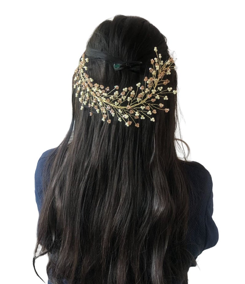 Samyak Women Crystal Pearl Hair Vine Tiara Headband Headdress Hair Jewellery/Hair Pin/Bun Clip For Bridal Wedding Functions Bridesmaid (Peach) - Image 4