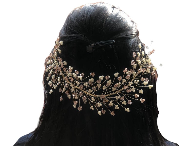 Samyak Women Crystal Pearl Hair Vine Tiara Headband Headdress Hair Jewellery/Hair Pin/Bun Clip For Bridal Wedding Functions Bridesmaid (Peach) - Image 3