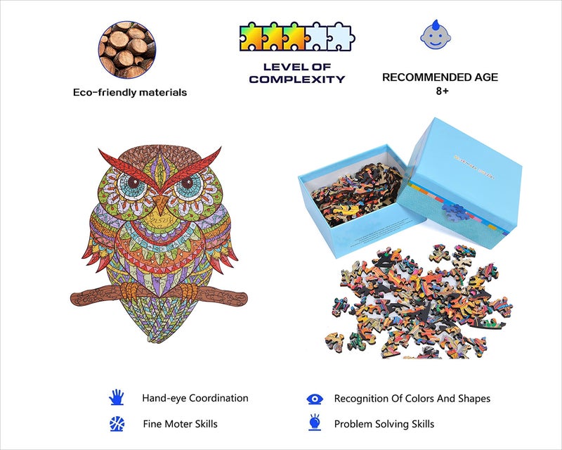 HARTMAZE Wooden Jigsaw Puzzles Colorful Owl HM-04 Small Bird Puzzle 206 Unique Shape Jigsaw Pieces-Beautiful Animal for Adults and 8 Years Age up Teens- Best for Family Game Play Collection. - Image 5