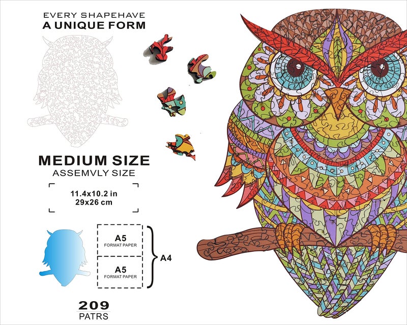 HARTMAZE Wooden Jigsaw Puzzles Colorful Owl HM-04 Small Bird Puzzle 206 Unique Shape Jigsaw Pieces-Beautiful Animal for Adults and 8 Years Age up Teens- Best for Family Game Play Collection. - Image 4