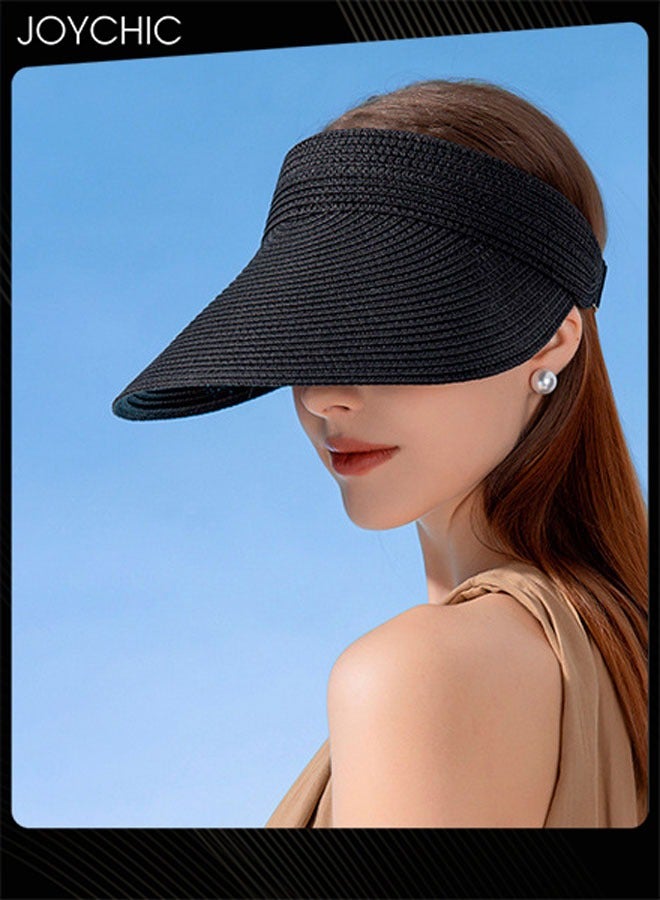 Joychic قبعة شمسية نسائية صيفية على الطراز الكوري مع تصميم مجوف، قبعة قش قابلة للطي للسفر في الهواء الطلق مع حافة عريضة - Image 2